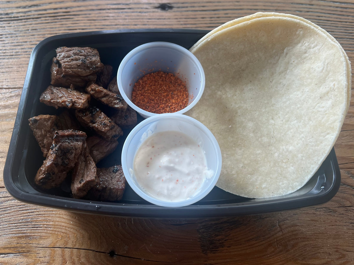 Steak Tacos with Corn Tortilla, Crema & Tajin