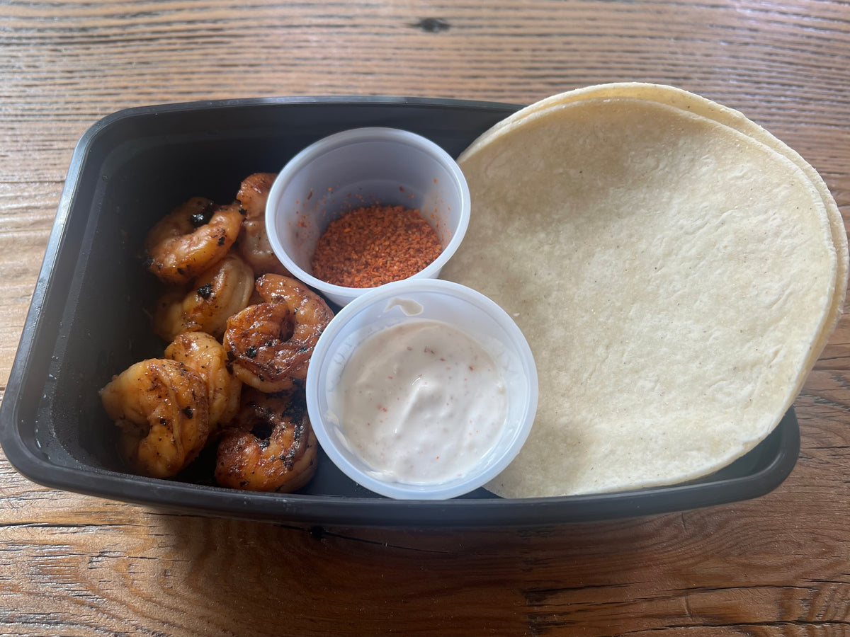 Shrimp Tacos on Corn Tortillas with Crema and Tajin